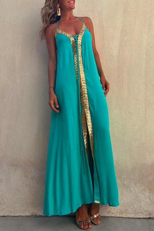 Heididress V Neck Backless Sequin Detailed Slit Maxi Cami Dress