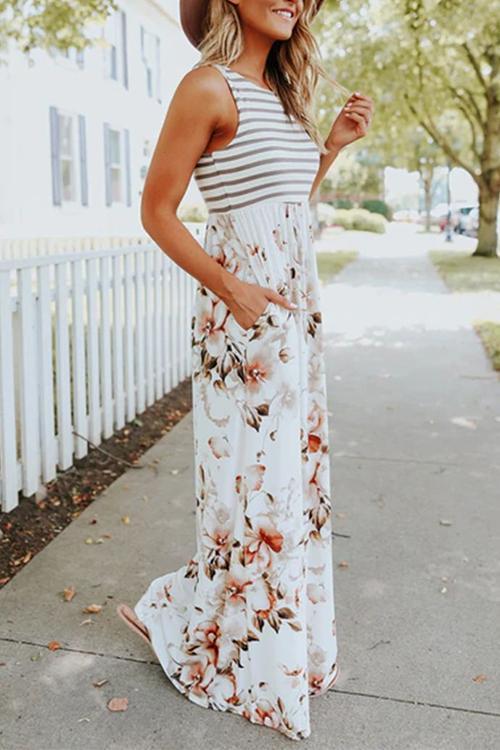 Heididress Sleeveless Stripes Splice Floral Maxi Dress
