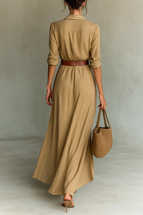Heididress Lapel Long Sleeves Button Up Maxi Dress With Belt