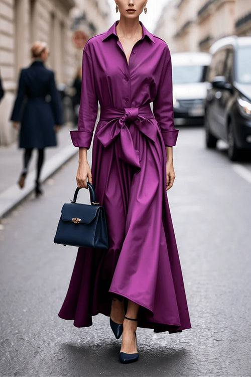Heididress Long Sleeves Button Up Bow Waist Maxi Dress
