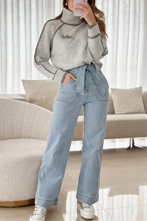 Mockneck Contrast Stitching Wool Knit Sweater