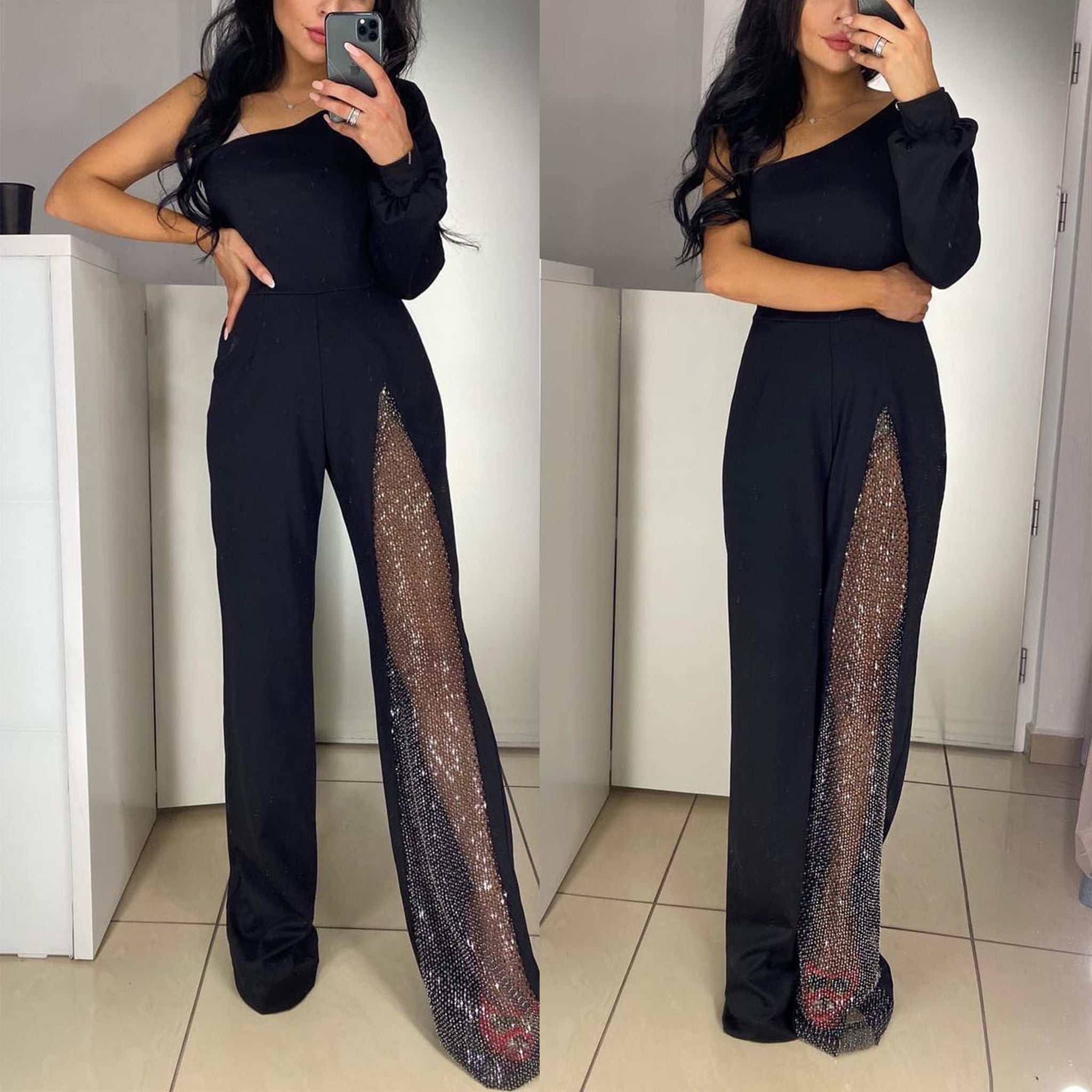 Heididress One Shoulder Long Sleeve Patchwork Wide Leg Jumpsuit