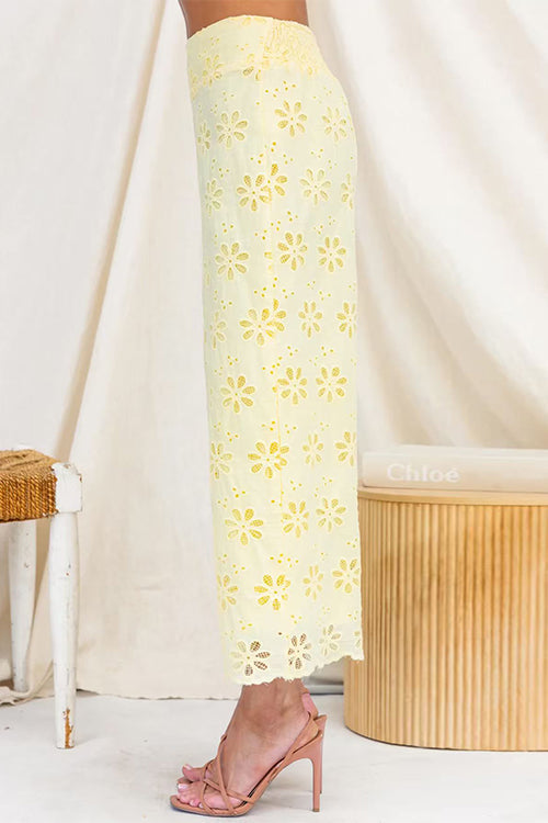 Elastic Waist Floral Lace Hollow Out Wide Leg Pants