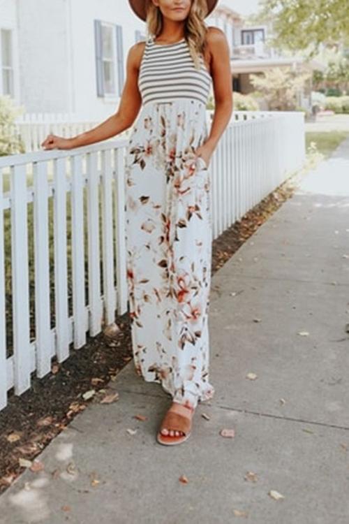 Heididress Sleeveless Stripes Splice Floral Maxi Dress