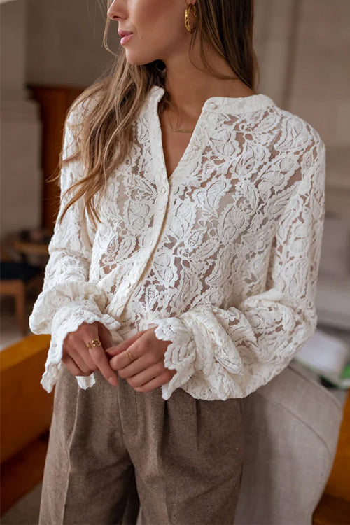 Heididress Ruffle Long Sleeves Button Up Lace Shirt