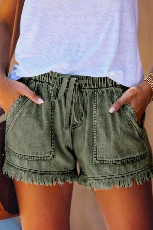 Heididress Drawstring High Waist Raw Hem Pockets Shorts
