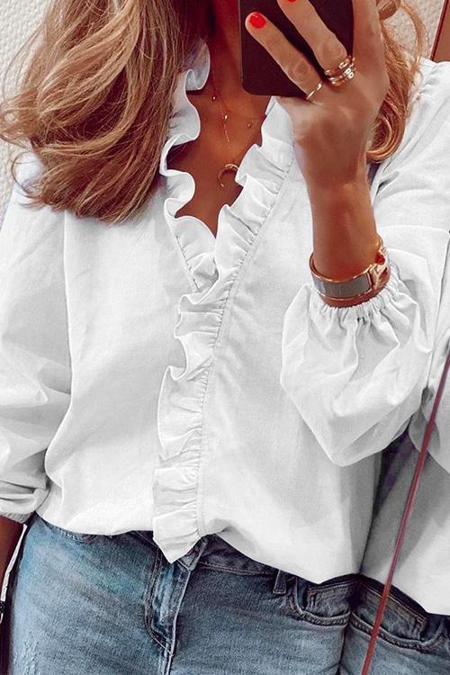 Heididress V Neck Long Sleeve Ruffle Blouse Shirt