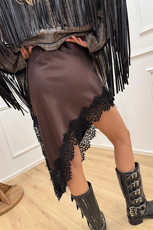 Heididress Lace Trim Side Slit Irregular Satin Skirt
