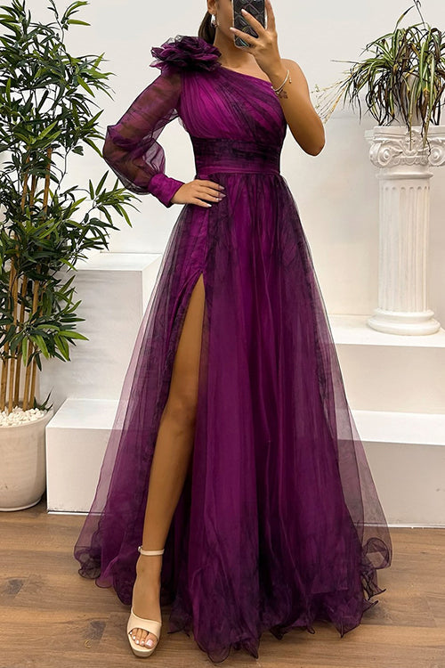 Heididress One Shoulder Long Sleeve High Waist Printed Mesh Slit Maxi Dress