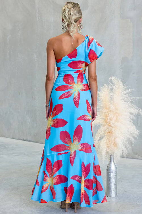 One Shoulder Puff Short Sleeve Floral Print Maxi Dress