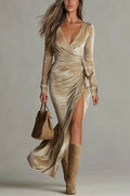V Neck Long Sleeves Slit Crushed Velvet Maxi Dress