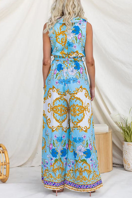 V Neck Sleeveless Bow Waist Floral Print Wide Leg Jumpsuit