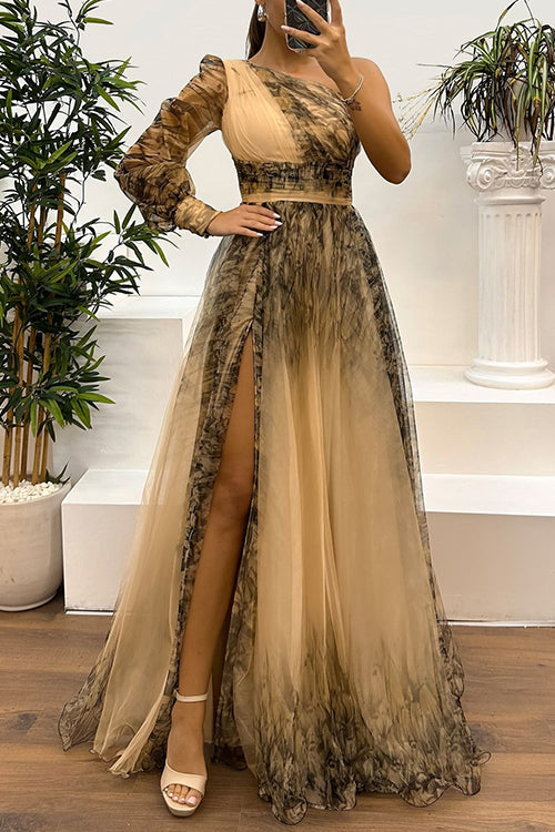 Heididress One Shoulder Long Sleeve Printed Mesh High Slit Maxi Dress