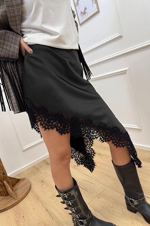 Heididress Lace Trim Side Slit Irregular Satin Skirt