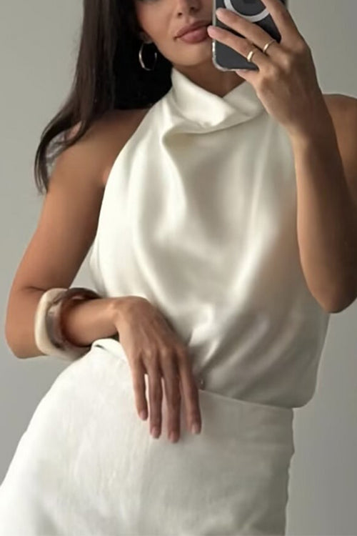 Heididress Chic Halter Cowl Neck Sleeveless Satin Top