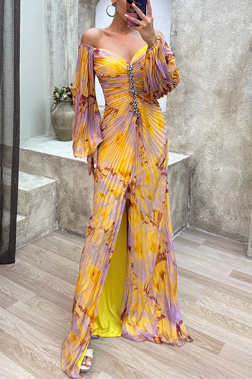 Heididress Off Shoulder Lantern Long Sleeves Printed Slit Pleated Maxi Dress