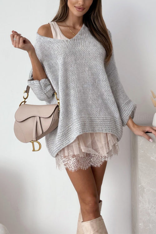 Heididress V Neck Drop Shoulder Slouchy Pullover Sweater
