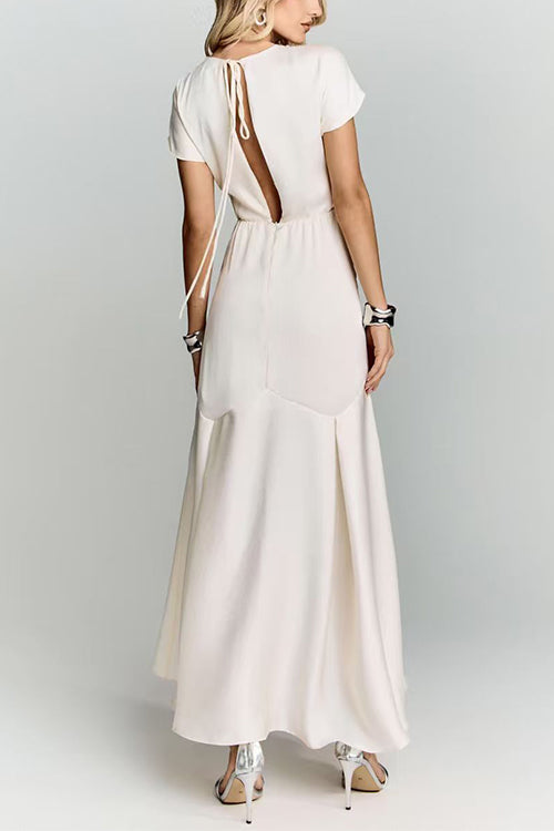 Crewneck Short Sleeves Back Cut Out Satin Maxi Dress