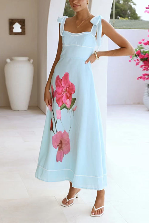 Bow Shoulder Sleeveless Floral Print Swing Maxi Dress