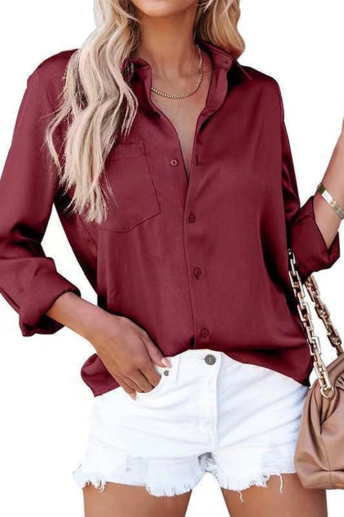 Heididress Lapel Long Sleeves Button Down Satin Shirt