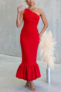 One Shoulder Sleeveless Ruffle Hem Bodycon Maxi Dress
