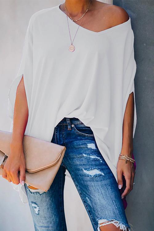 Heididress Loose V Neck Batwing Sleeve Solid T Shirt