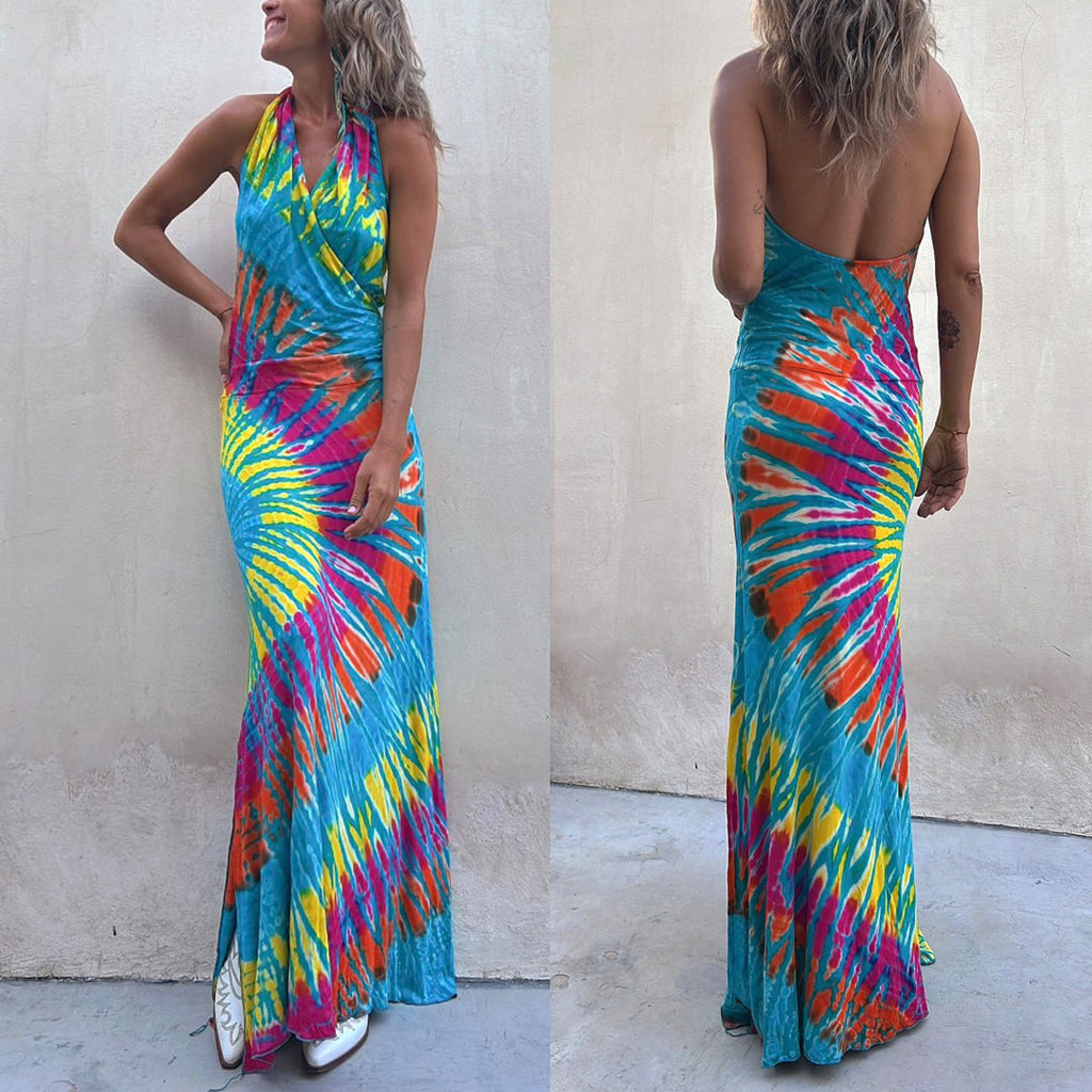 Heididress Sleeveless Halter Backless Maxi Tie Dye Dress