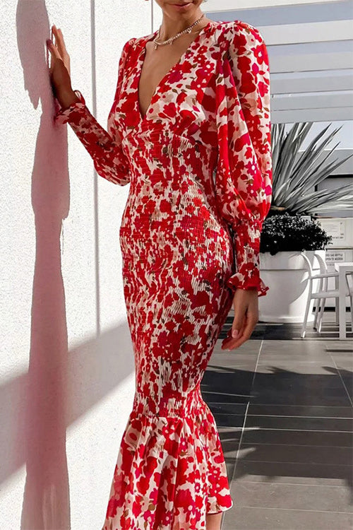 Heididress Deep V Neck Waisted Printed Mermaid Dress