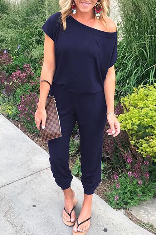 Heididress Solid Cold Shoulder Short Sleeves Elastic Waist Loungewear Jumpsuit