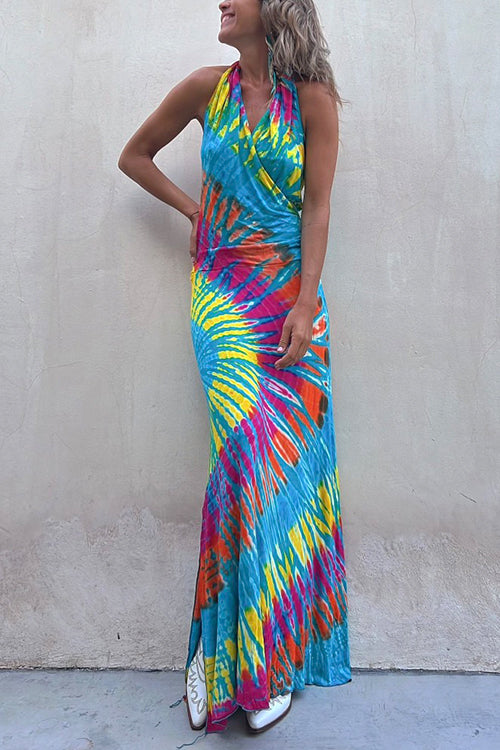 Heididress Sleeveless Halter Backless Maxi Tie Dye Dress