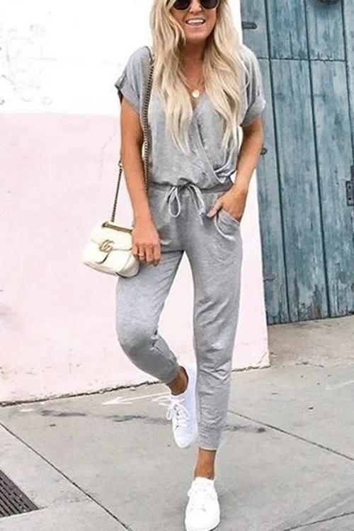 Heididress V Neck Tie Waist Drawstring Joggers Jumpsuit
