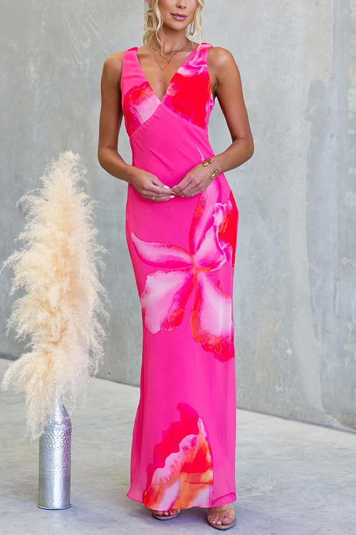 V Neck Sleeveless Floral Print Maxi Dress