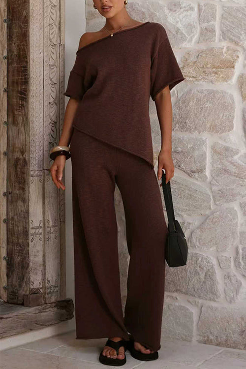 Chic Asymmetrical Shoulder Side Slit Knit Top