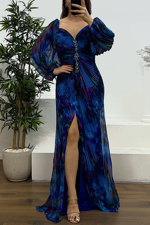 Heididress Off Shoulder Lantern Long Sleeves Printed Slit Pleated Maxi Dress