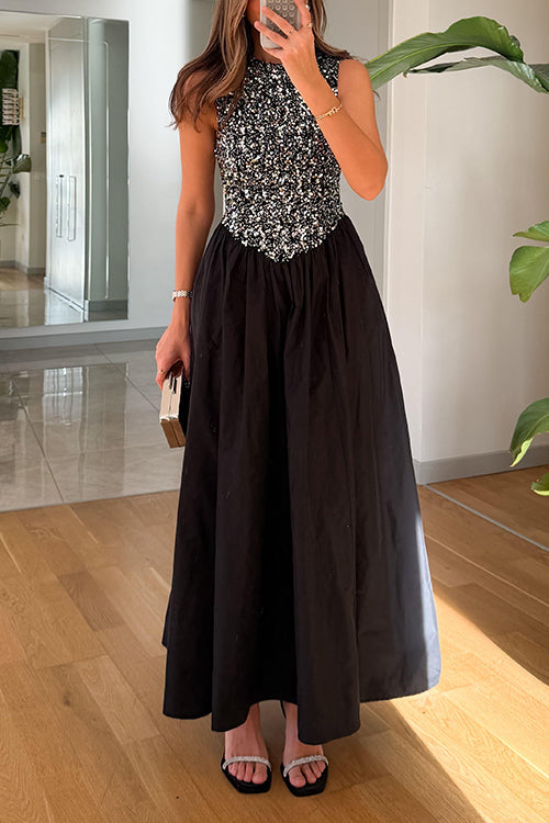 Heididress Crewneck Sleeveless Glitter Sequin Splice Maxi Dress