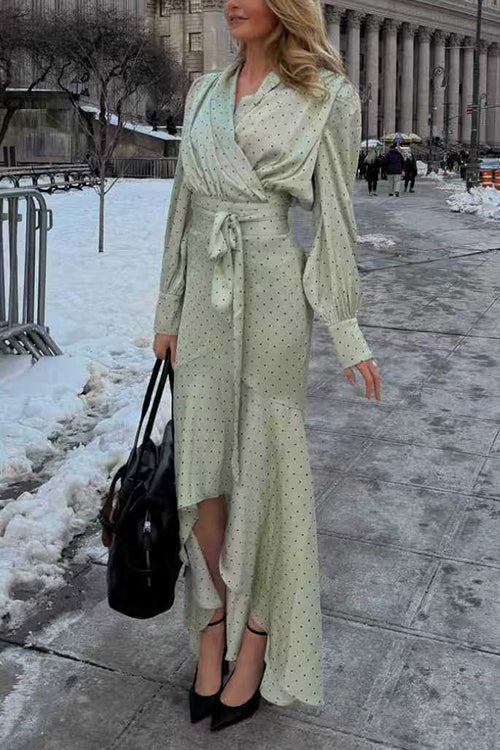 Polka Dot V Neck Puff Long Sleeves Top High Rise Ruffle Maxi Skirt Set