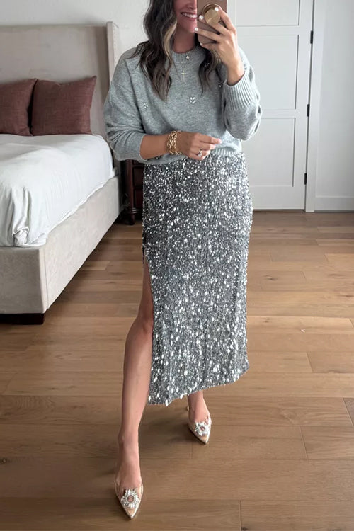 Heididress Side Slit Glitter Sequin Midi Skirt