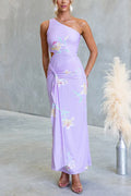 One Shoulder Cut Out Waist Floral Print Draped Maxi Dress