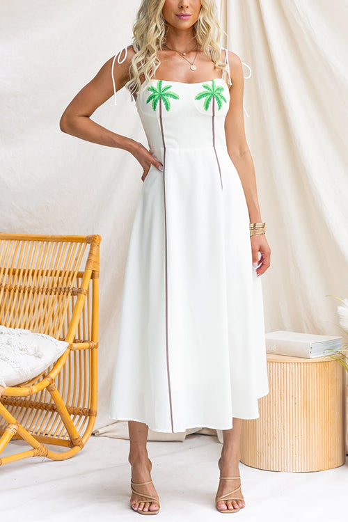 Tie Shoulder Sleeveless Coconut Tree Print Midi Dress