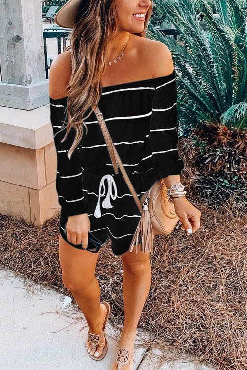 Heididress Off Shoulder Drawstring Waist Striped Shorts Jumpsuit