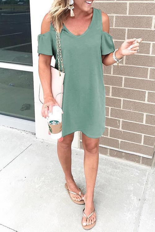 Heididress V Neck Cold Shoulder Solid T Shirt Dress