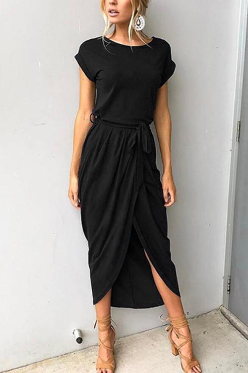 Heididress Short Sleeve Tie Waist Slit Midi Dress