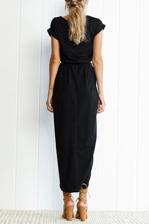 Heididress Short Sleeve Tie Waist Slit Midi Dress