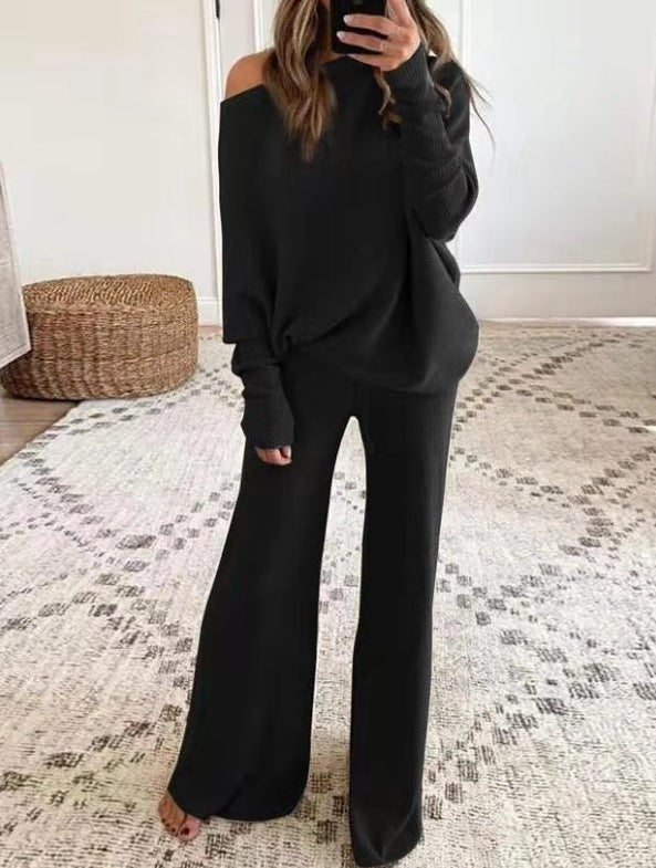 Heididress Cold Shoulder Pullover and Tie Waist Pants Solid Knit Set