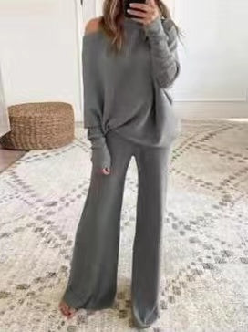 Heididress Cold Shoulder Pullover and Tie Waist Pants Solid Knit Set