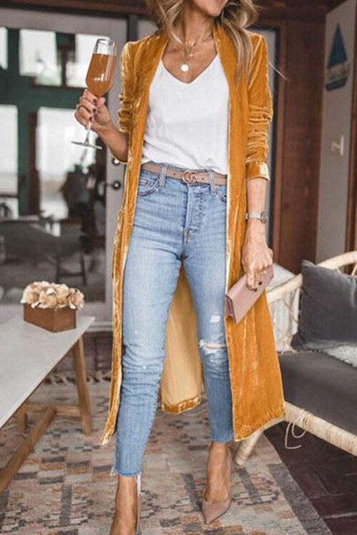 Heididress Solid Lapel Open Front Long Velvet Coat