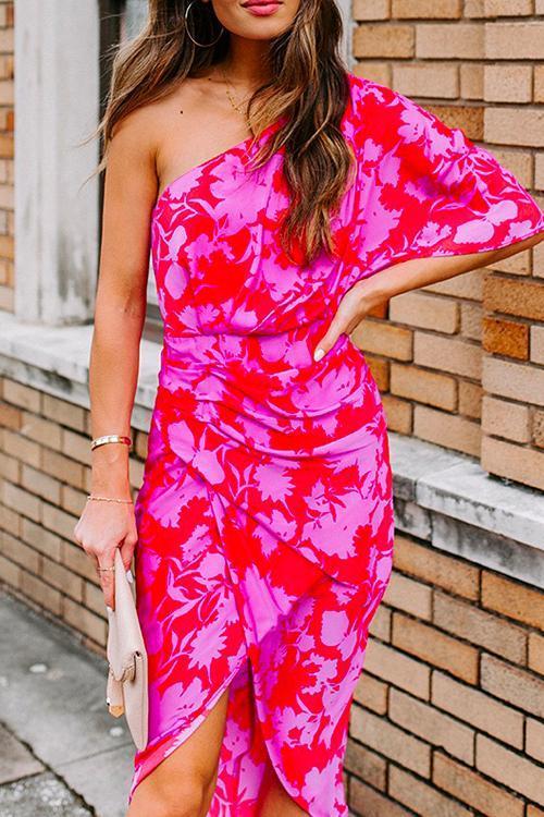 Heididress One Shoulder Waisted Ruched Floral Dress