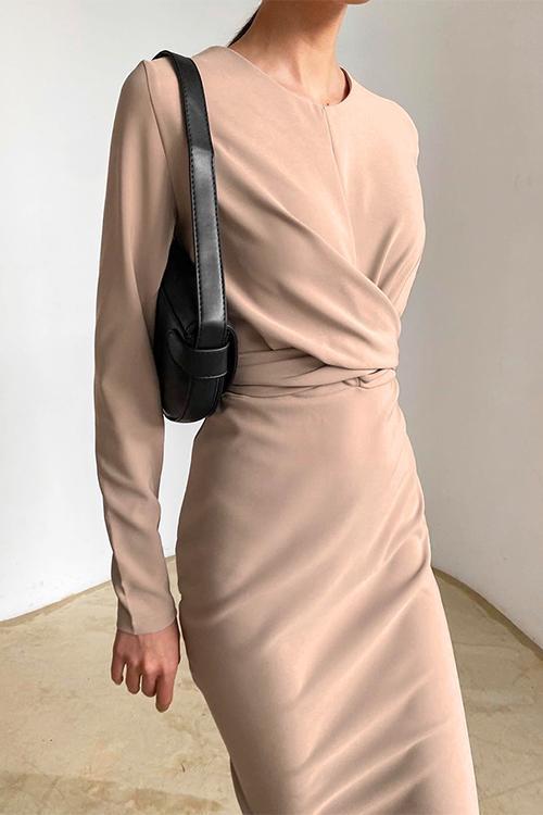 Heididress Solid Front Cross Slit Back Ruched Midi Dress