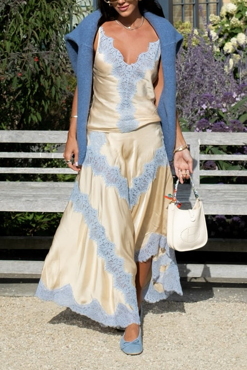Heididress High Rise Color Block Lace Trim Satin Maxi Skirt