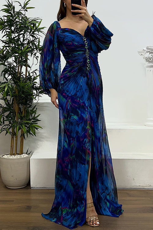 Heididress Off Shoulder Rhinestones Detail Printed Slit Pleated Maxi Dress